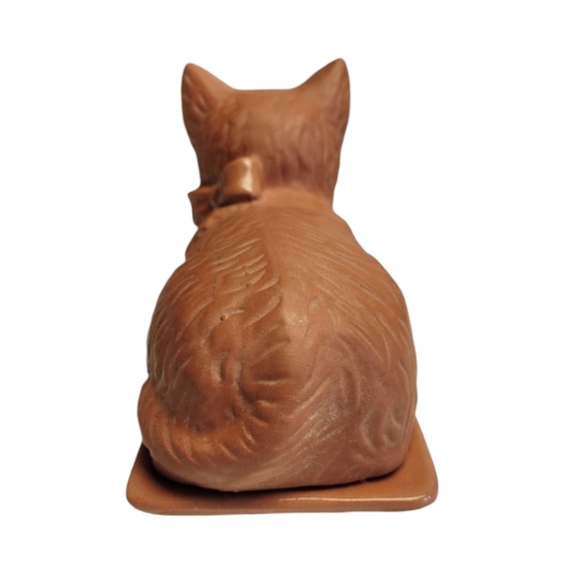 Vintage Terra Cotta Kitty Cat with Bow  Butter Dish - Picture 3 of 12